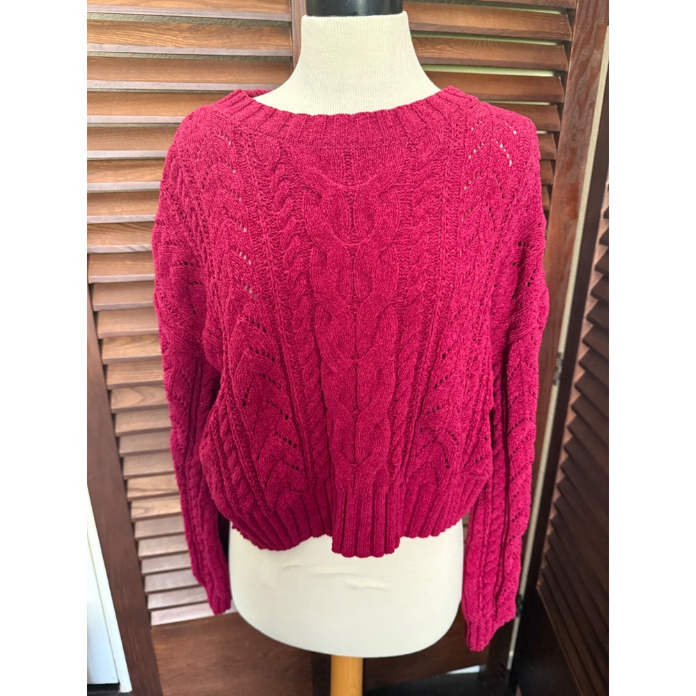 Magenta Chenille Cable Knit Cropped Sweater Pointelle Berry Pink Long Sleeve L